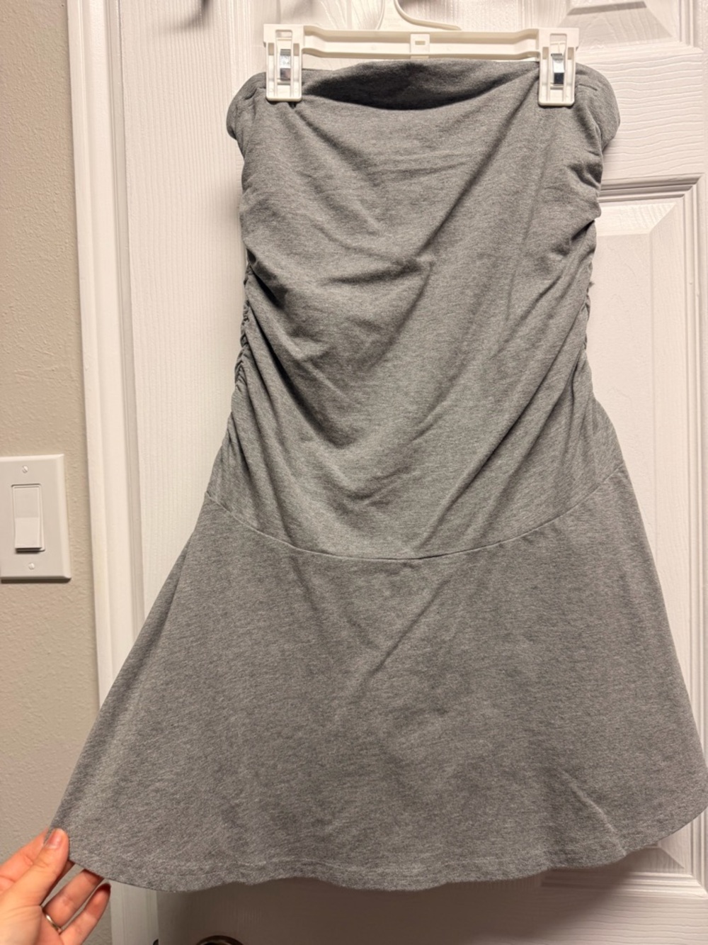 Aerie Strapless Gray Ruched Bodice Flared Dress
